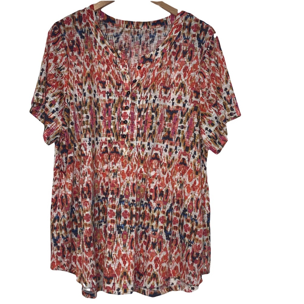 Bohemian Women’s 2X Multicolor Short Sleeve  V Neck Blouse Lightweight Casual